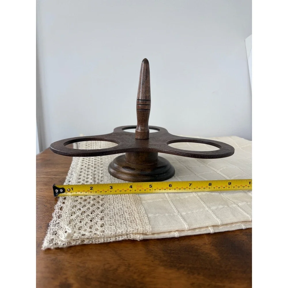 Vintage Dark Wood 3 Hole Condiment Caddy Cruet Stand with Handle